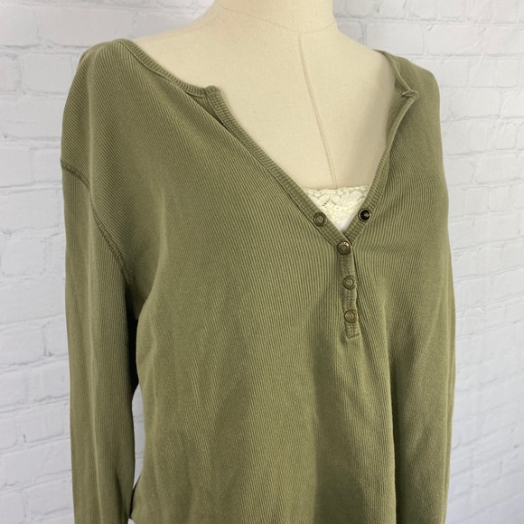 ⭐ 3/$15 Vintage Y2K Sonoma XL 100% Cotton Olive Green Ribbed Cami Lined Henley - Picture 3 of 8